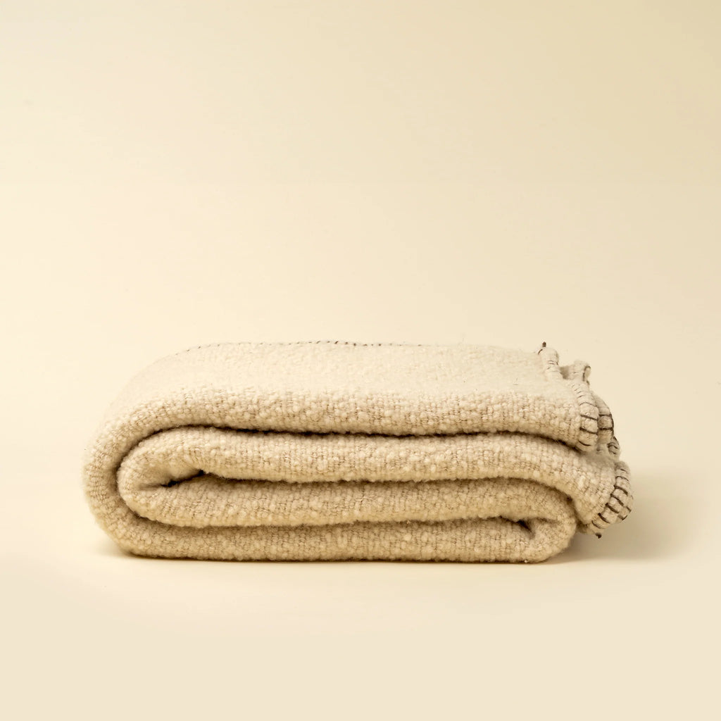 Blanket Stitch Wool Blend Throw, Ivory