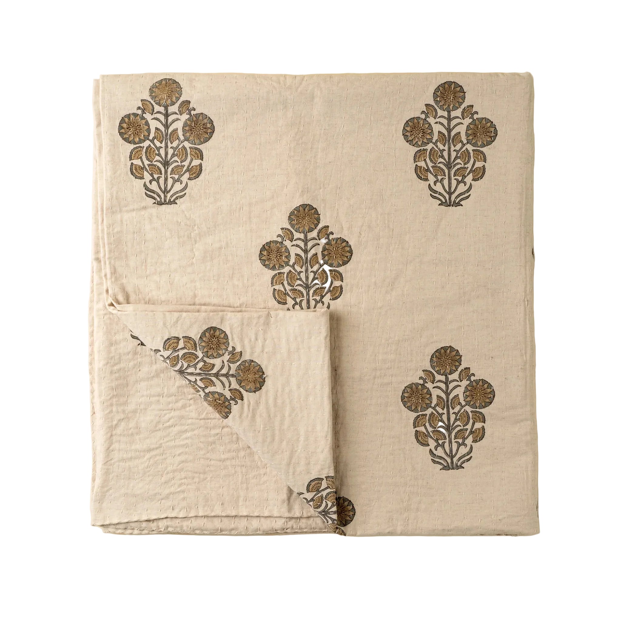 Senna Block Print Kantha Bed Blanket