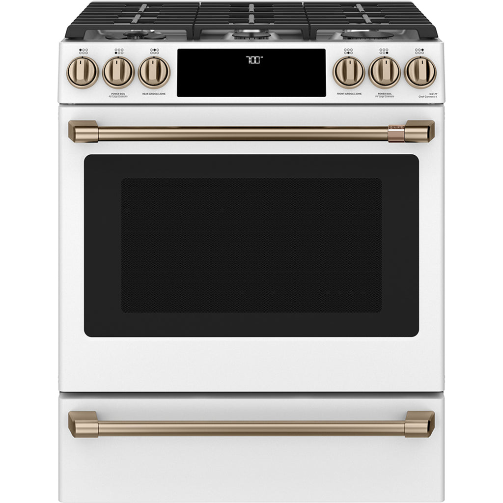 30" Slide-In Gas Range with Convection and No-Preheat Air Fry in Matte White