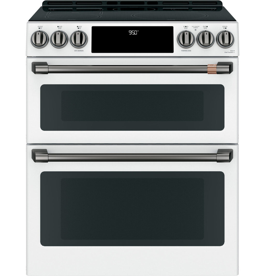 30" Induction Range with Double Oven and No-Preheat Air Fry in Matte White with Brushed Black hardware