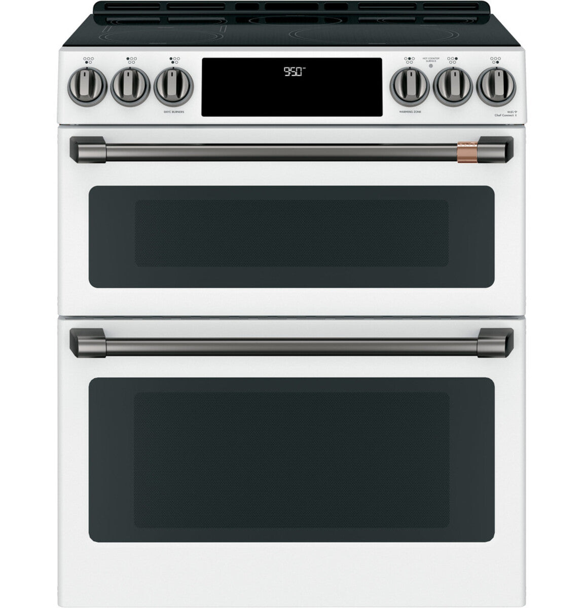 30" Induction Range with Double Oven and No-Preheat Air Fry in Matte White with Brushed Black hardware