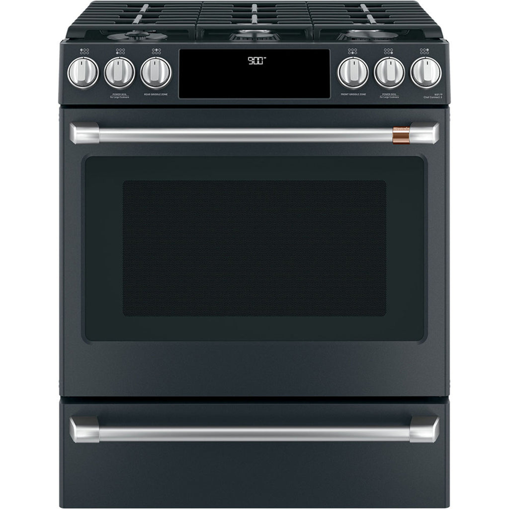 30" Slide-In Dual-Fuel Range with No-Preheat Air Fry in Matte Black with Brushed Stainless hardware