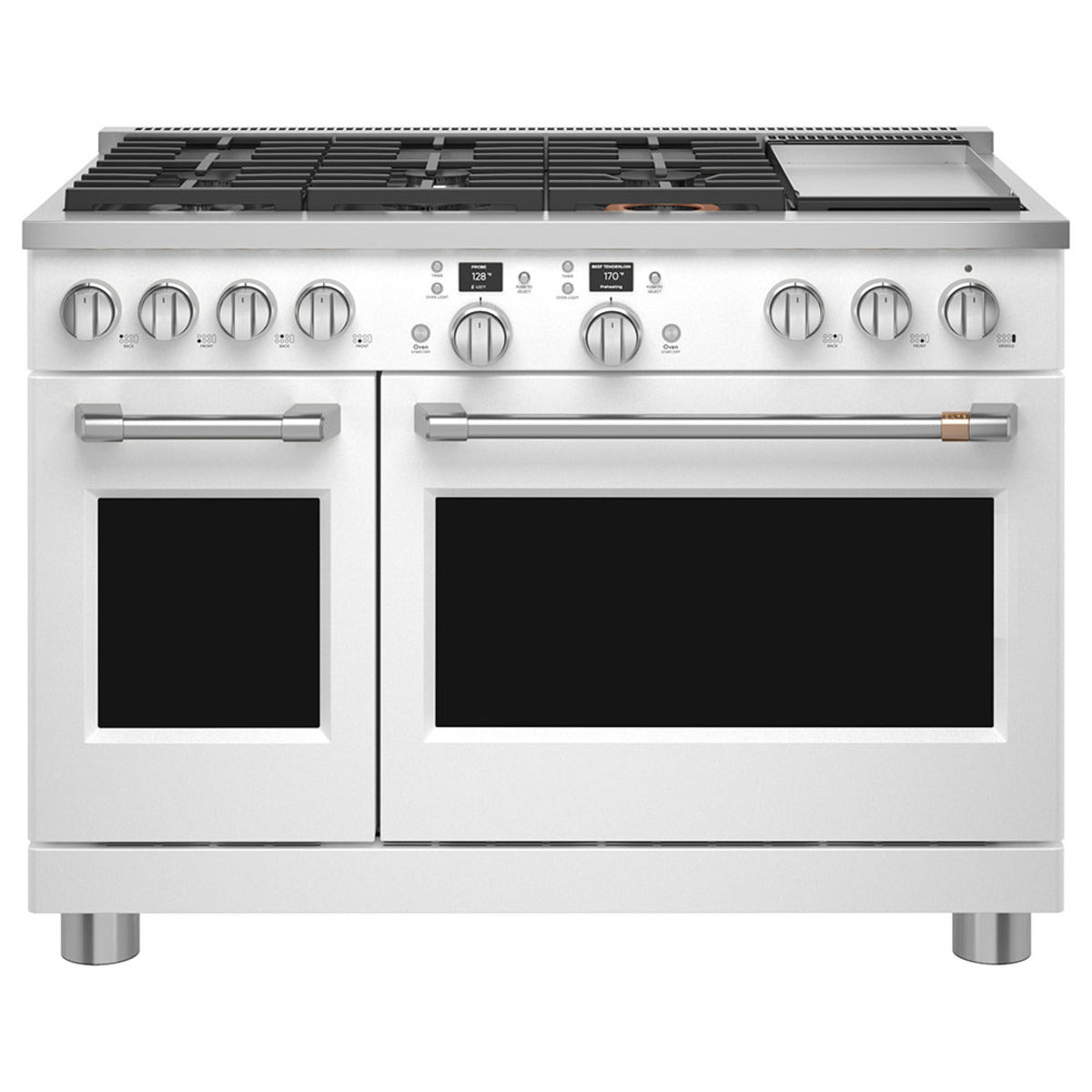 48" Smart Dual-Fuel Commercial-Style Range with No-Preheat Air Fry in Matte White with Brushed Stainless hardware