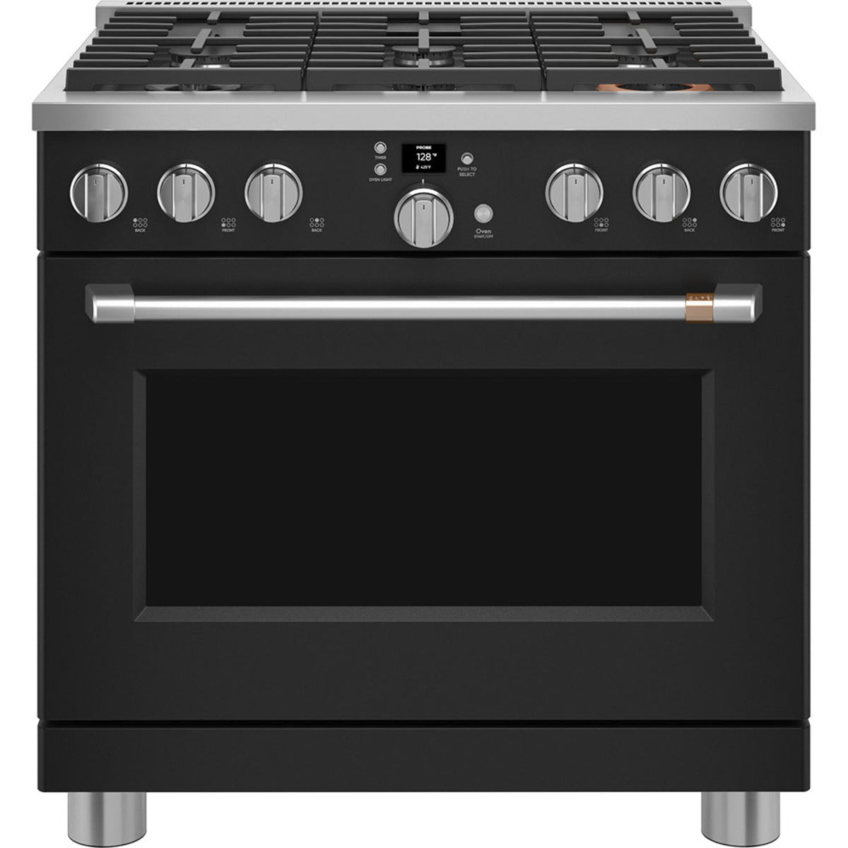 36" Smart All-Gas Commercial-Style Range with No-Preheat Air Fry in Matte Black with Brushed Stainless hardware