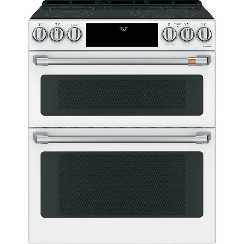 30" Slide-In Radiant Double Oven Range with No-Preheat Air Fry in Matte White with Brushed Stainless hardware
