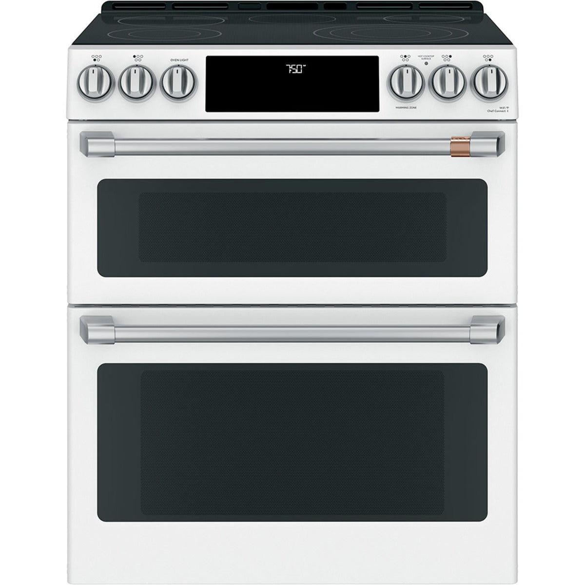 30" Slide-In Radiant Double Oven Range with No-Preheat Air Fry in Matte White with Brushed Stainless hardware