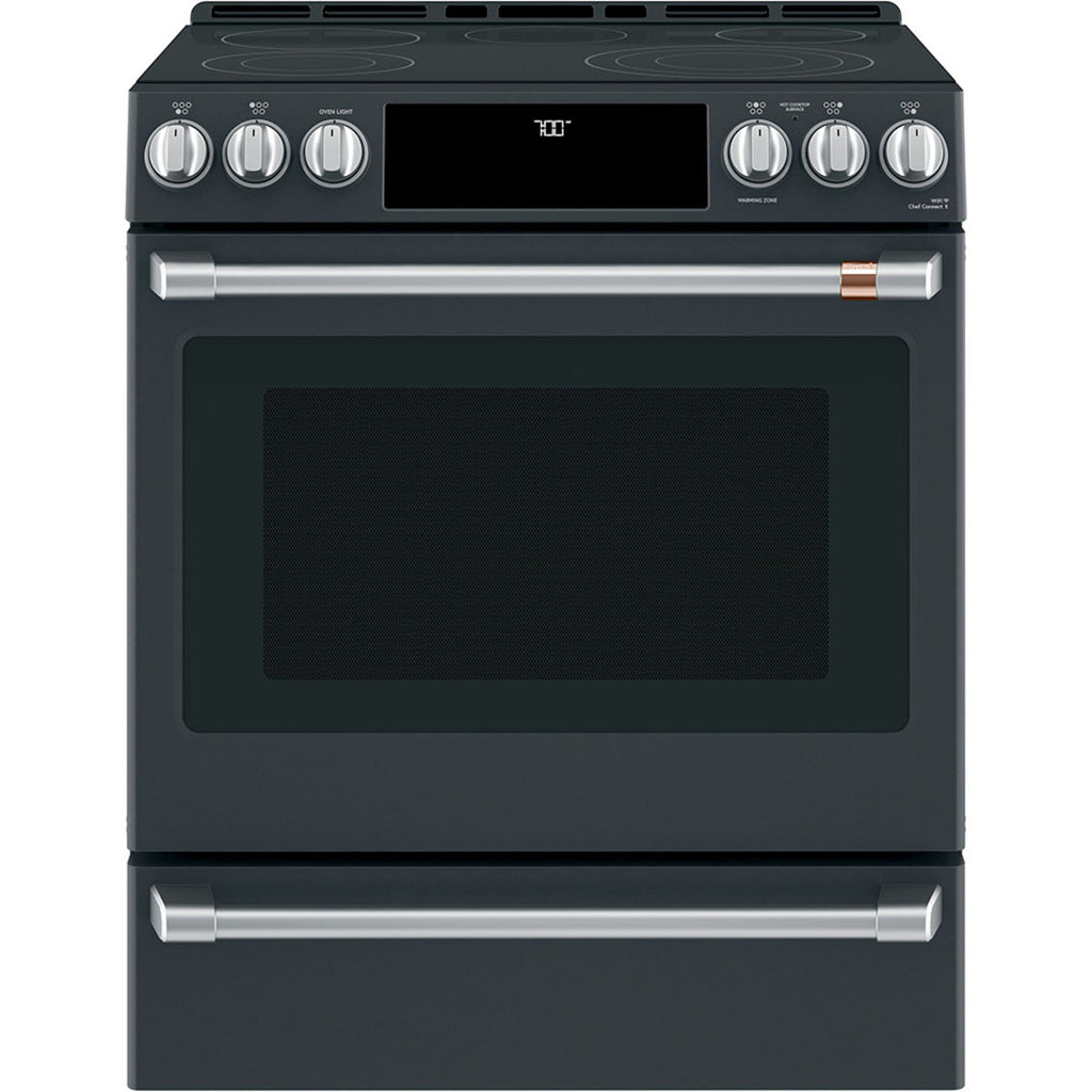 30" Slide-In Radiant Range with No-Preheat Air Fry in Matte Black with Brushed Stainless hardware
