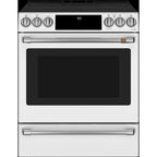 30" Slide-In Radiant Range with No-Preheat Air Fry in Matte White with Brushed Stainless hardware