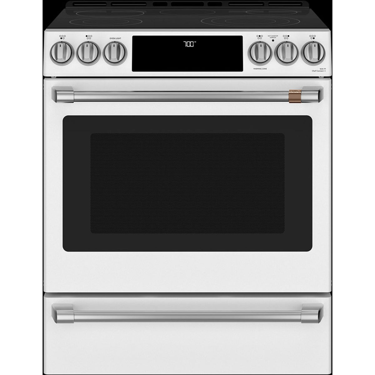 30" Slide-In Radiant Range with No-Preheat Air Fry in Matte White with Brushed Stainless hardware