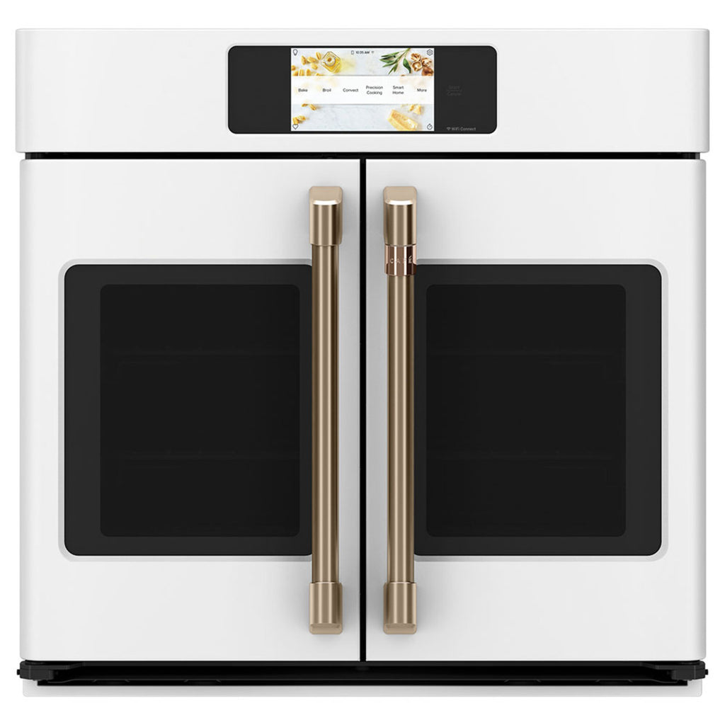 30" Built-In French-Door Single Convection Wall Oven in Matte White with Brushed Bronze hardware