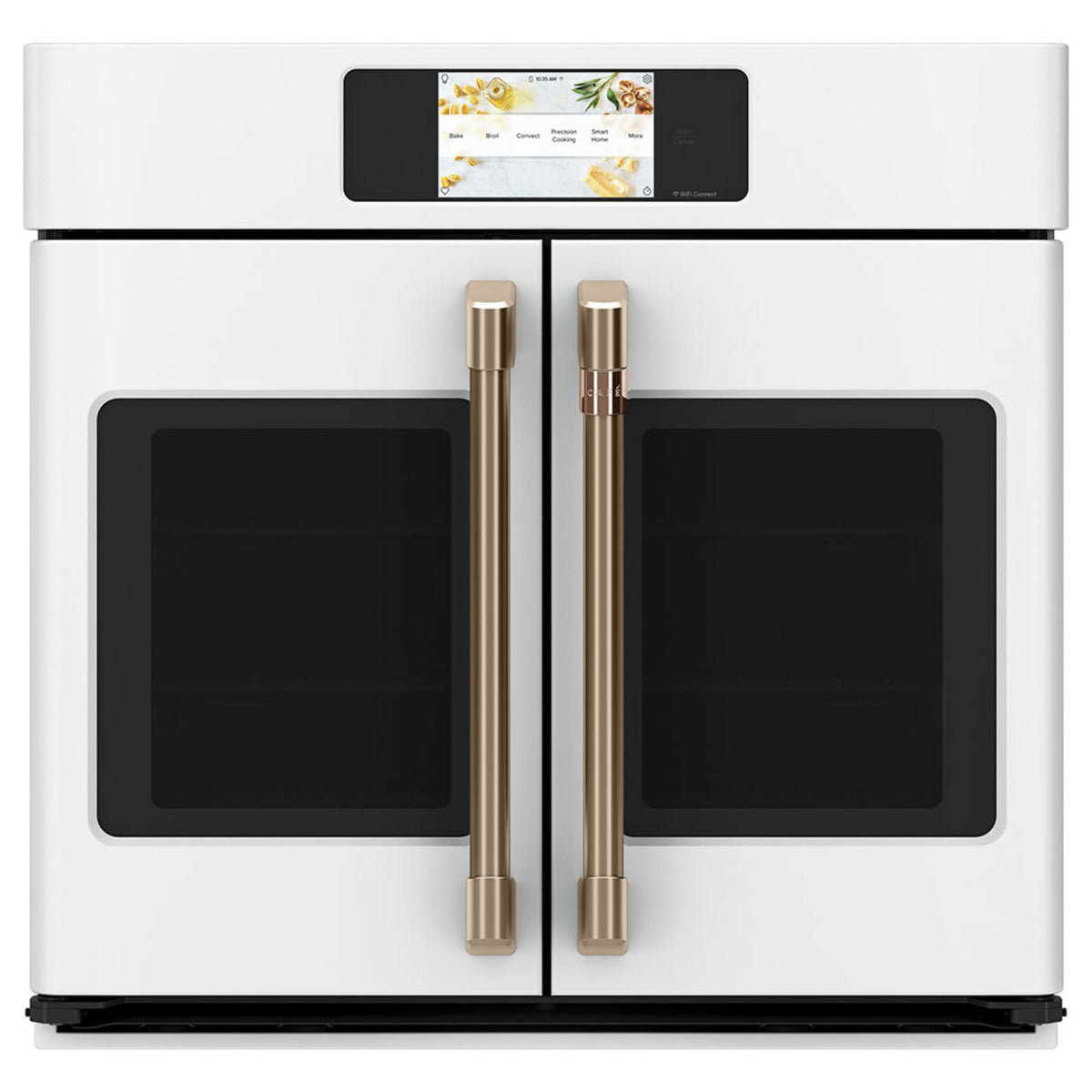 30" Built-In French-Door Single Convection Wall Oven in Matte White with Brushed Bronze hardware