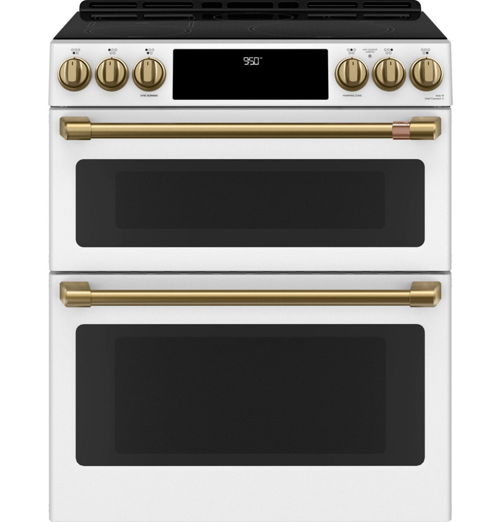 30" Induction Range with Double Oven and No-Preheat Air Fry in Matte White with Brushed Brass hardware