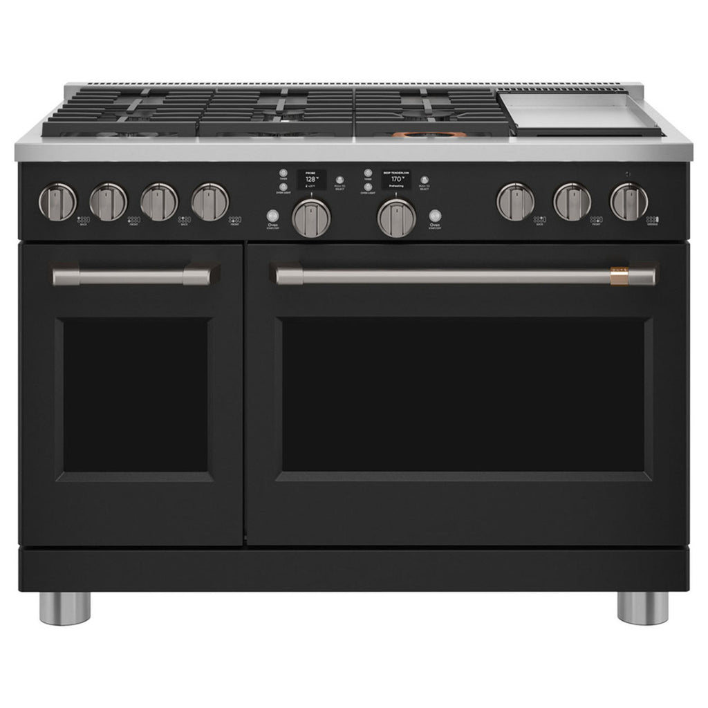 48" Smart Dual-Fuel Commercial-Style Range with No-Preheat Air Fry in Matte Black with Brushed Black hardware