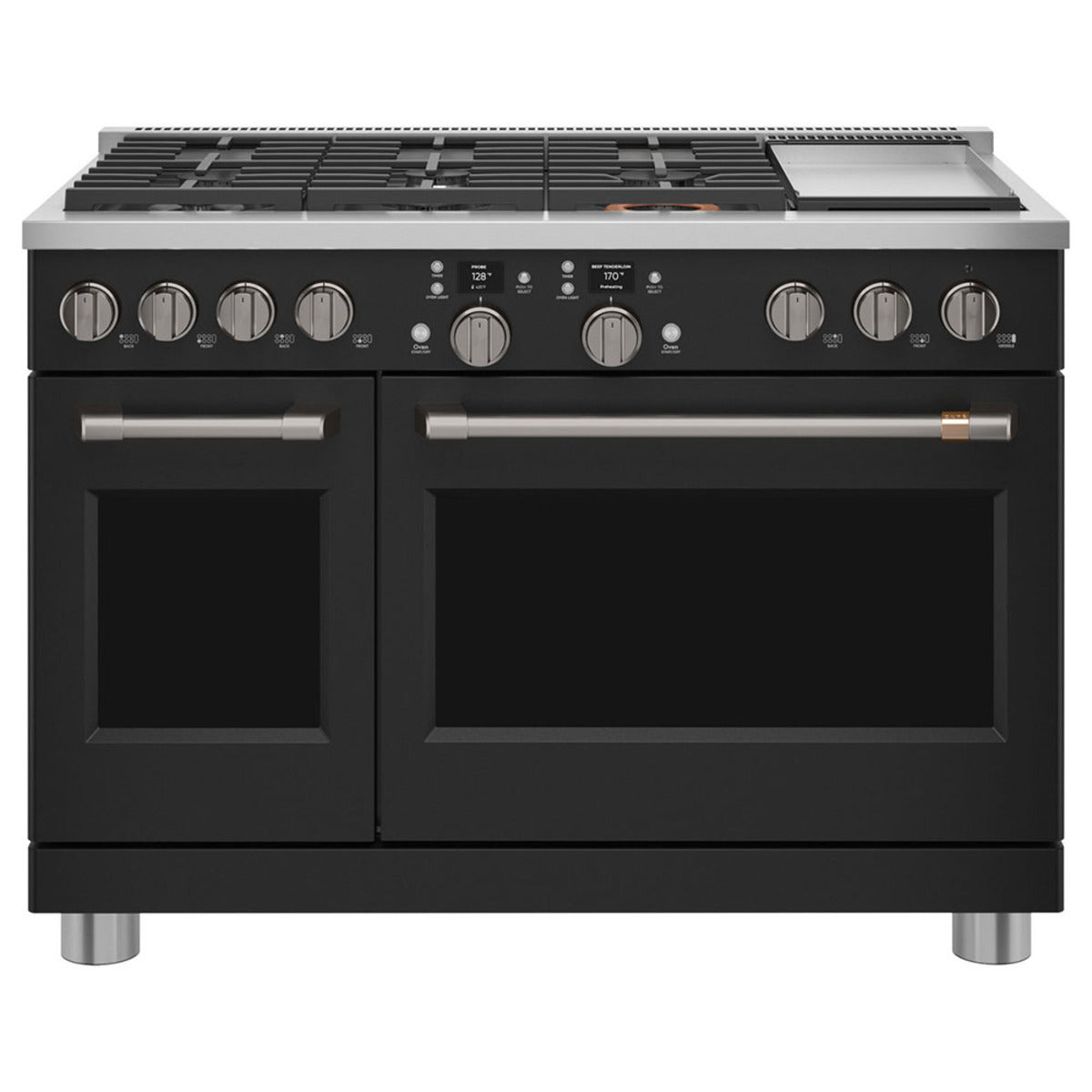 48" Smart Dual-Fuel Commercial-Style Range with No-Preheat Air Fry in Matte Black with Brushed Black hardware