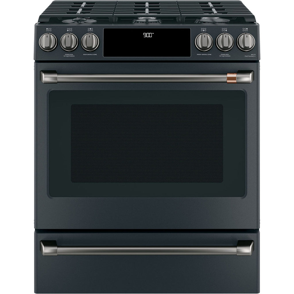 30" Slide-In Dual-Fuel Range with No-Preheat Air Fry in Matte Black with Brushed Black hardware