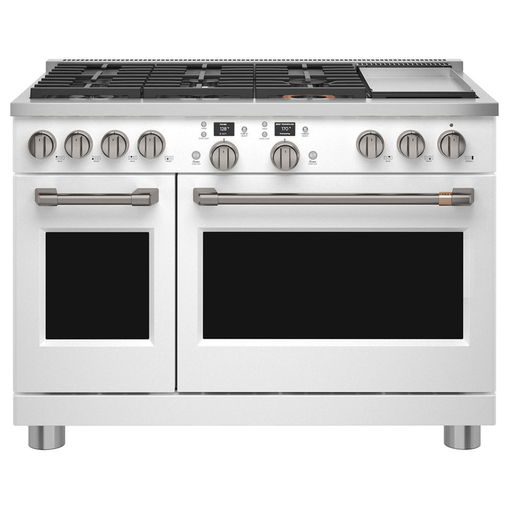48" Smart Dual-Fuel Commercial-Style Range with No-Preheat Air Fry in Matte White with Brushed Black hardware