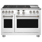 48" Smart Dual-Fuel Commercial-Style Range with No-Preheat Air Fry in Matte White with Brushed Black hardware