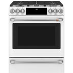 30" Slide-In Dual-Fuel Range with No-Preheat Air Fry in Matte White with Brushed Stainless hardware