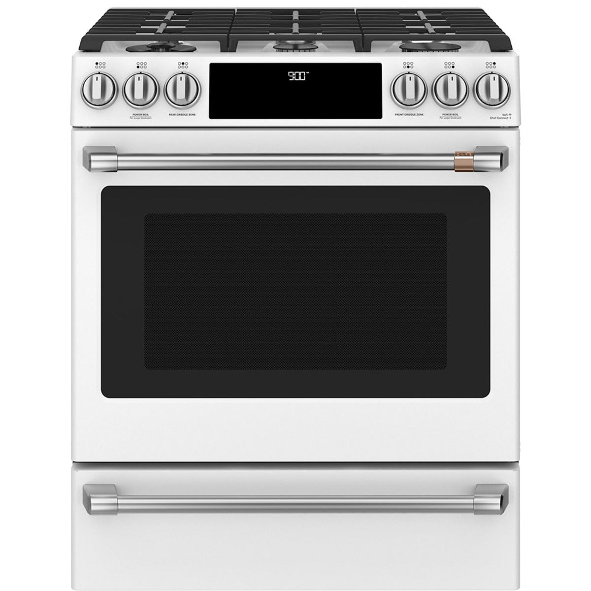 30" Slide-In Dual-Fuel Range with No-Preheat Air Fry in Matte White with Brushed Stainless hardware