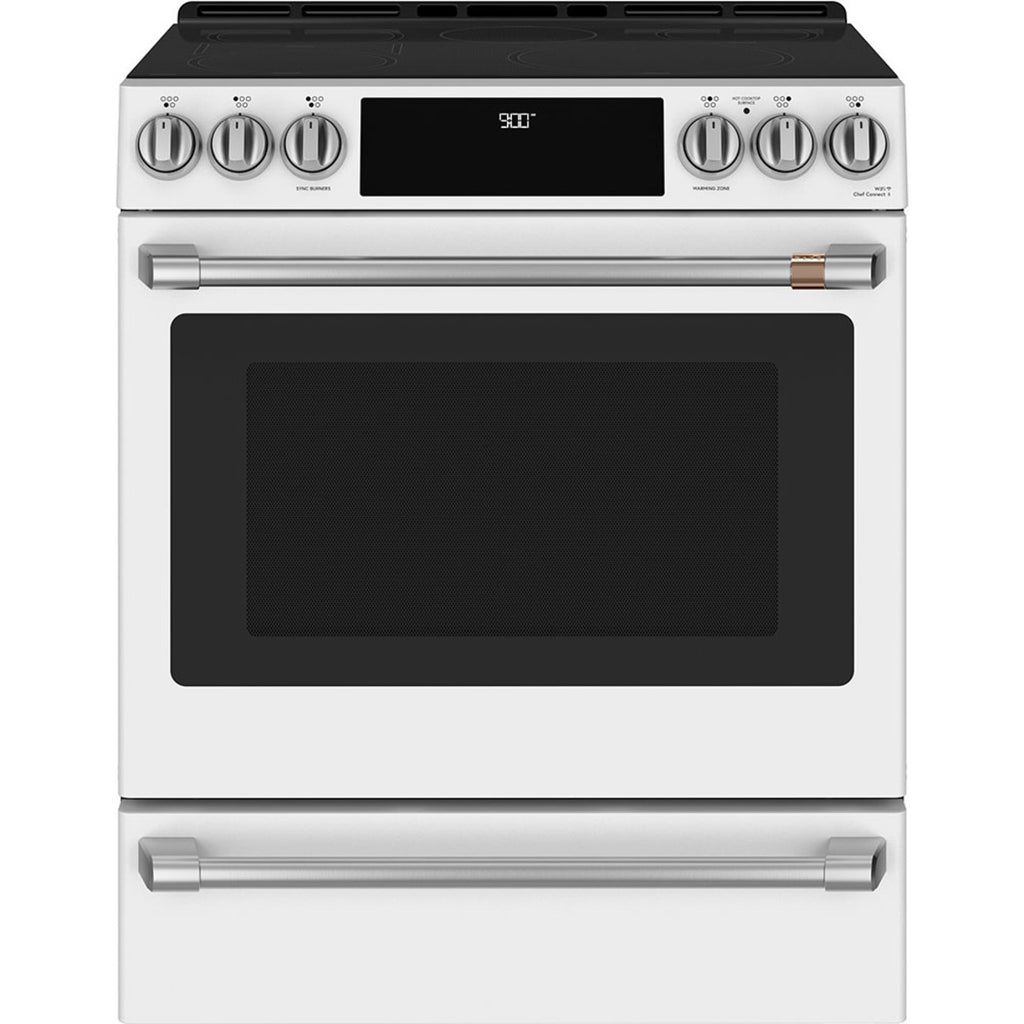 30" Induction Range with Warming Drawer and No-Preheat Air Fry in Matte White with Brushed Stainless hardware