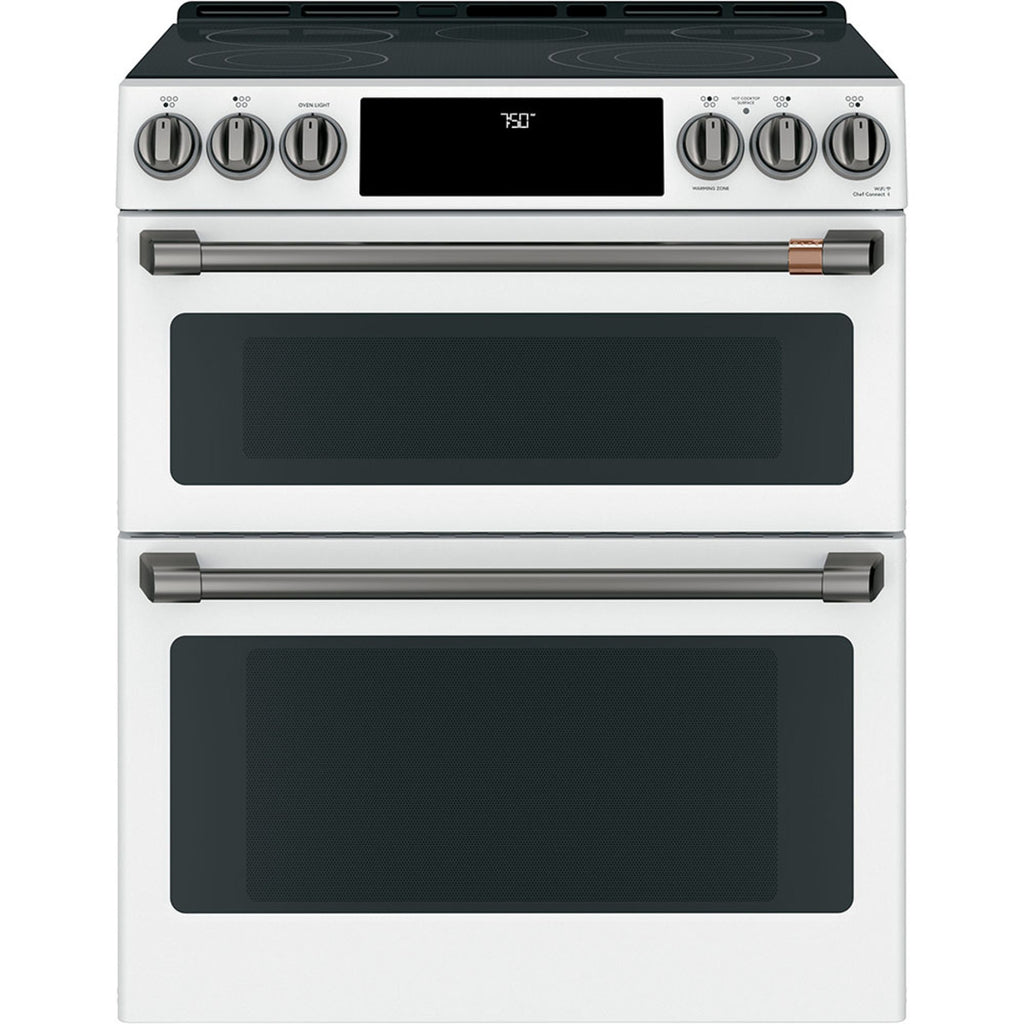 30" Slide-In Radiant Double Oven Range with No-Preheat Air Fry in Matte White with Brushed Black hardware