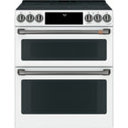 30" Slide-In Radiant Double Oven Range with No-Preheat Air Fry in Matte White with Brushed Black hardware