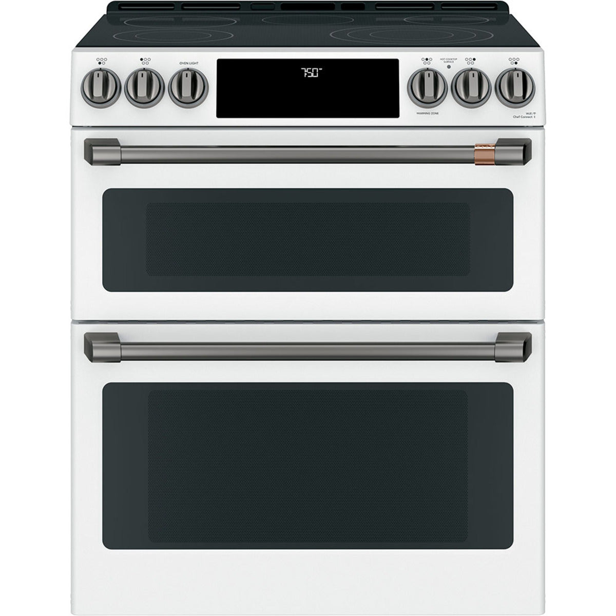 30" Slide-In Radiant Double Oven Range with No-Preheat Air Fry in Matte White with Brushed Black hardware