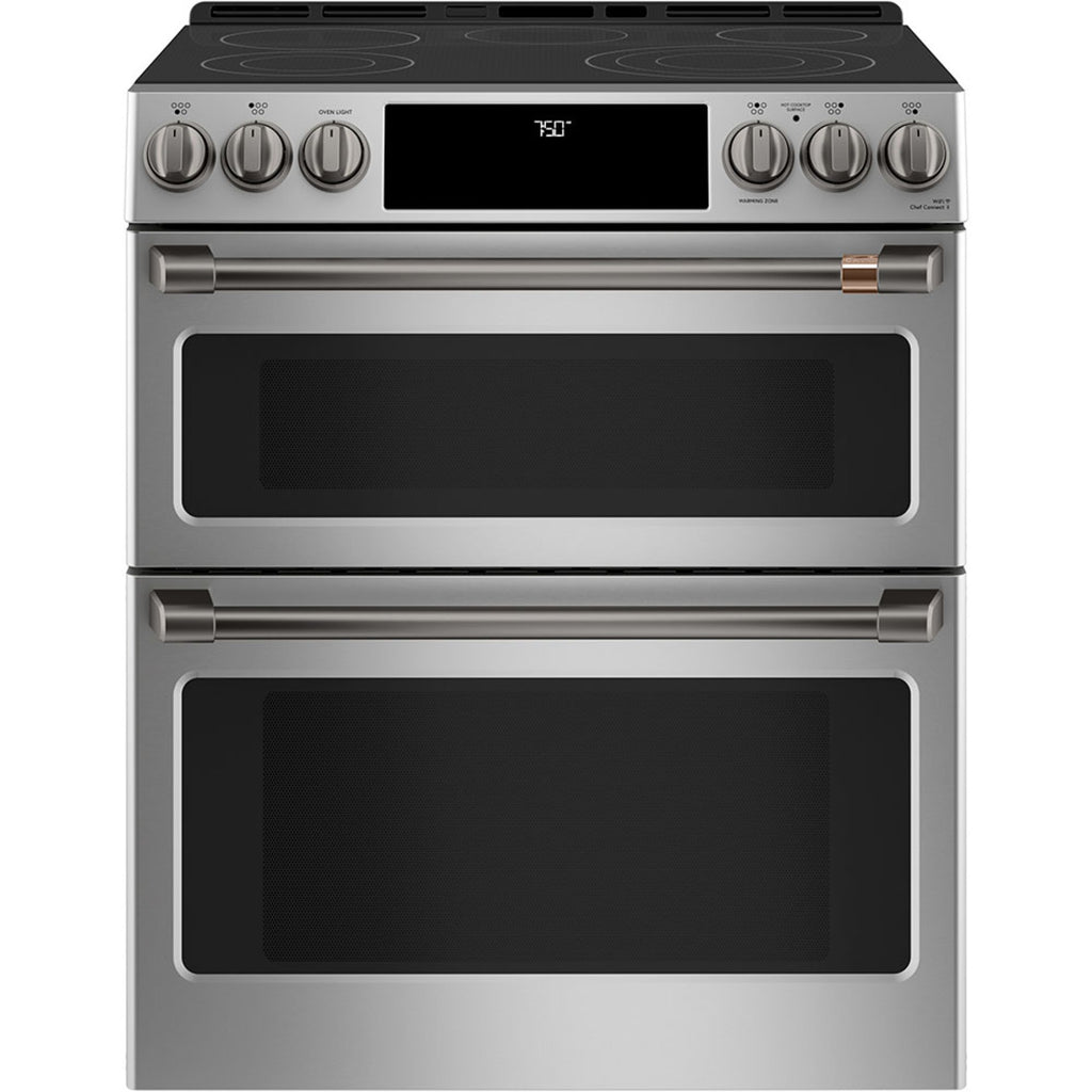 30" Slide-In Radiant Double Oven Range with No-Preheat Air Fry in Stainless Steel with Brushed Black hardware