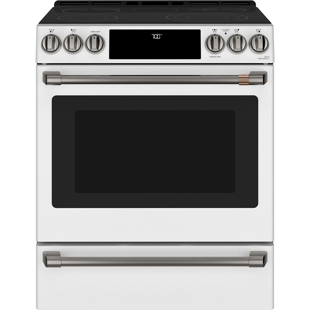 30" Slide-In Radiant Range with No-Preheat Air Fry in Matte White with Brushed Black hardware