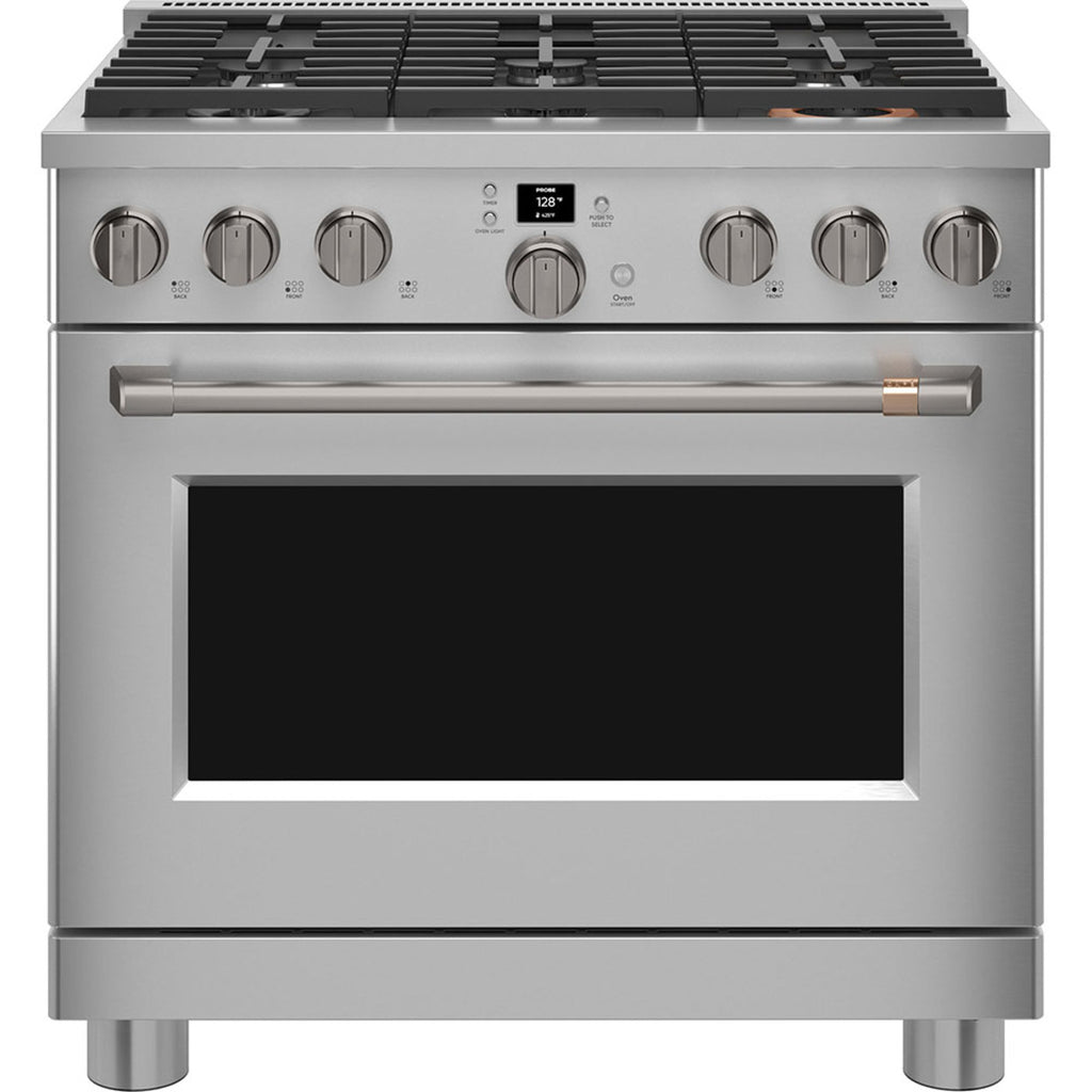 36" Smart All-Gas Commercial-Style Range with No-Preheat Air Fry in Stainless Steel with Brushed Black hardware