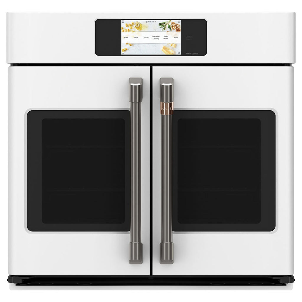 30" Built-In French-Door Single Convection Wall Oven in Matte White with Brushed Black hardware