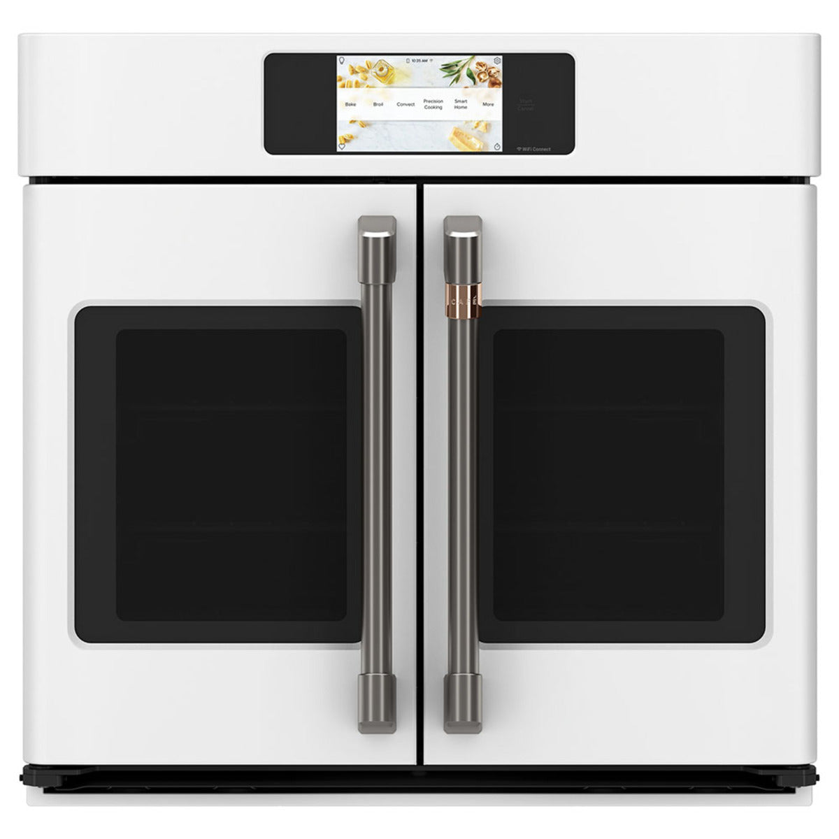 30" Built-In French-Door Single Convection Wall Oven in Matte White with Brushed Black hardware