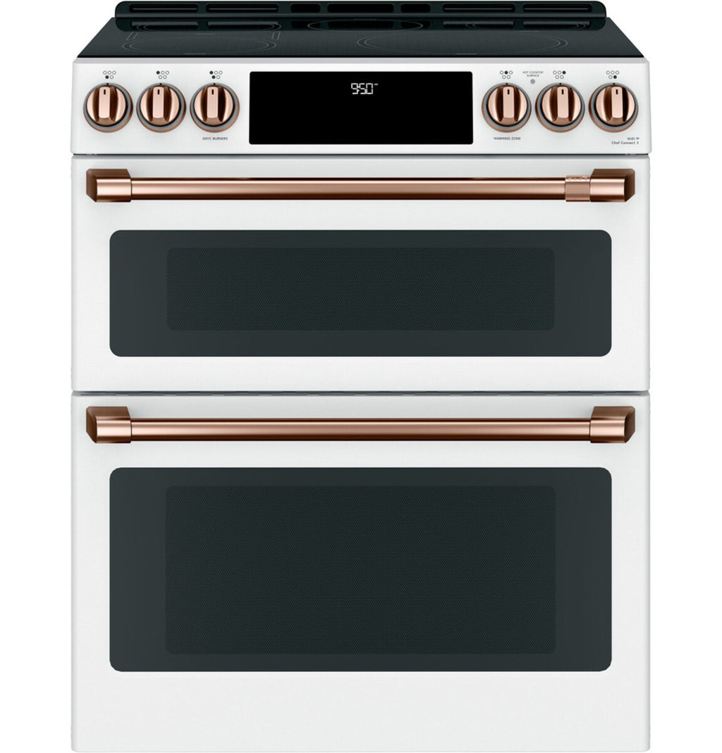 30" Induction Range with Double Oven and No-Preheat Air Fry in Matte White with Brushed Copper hardware