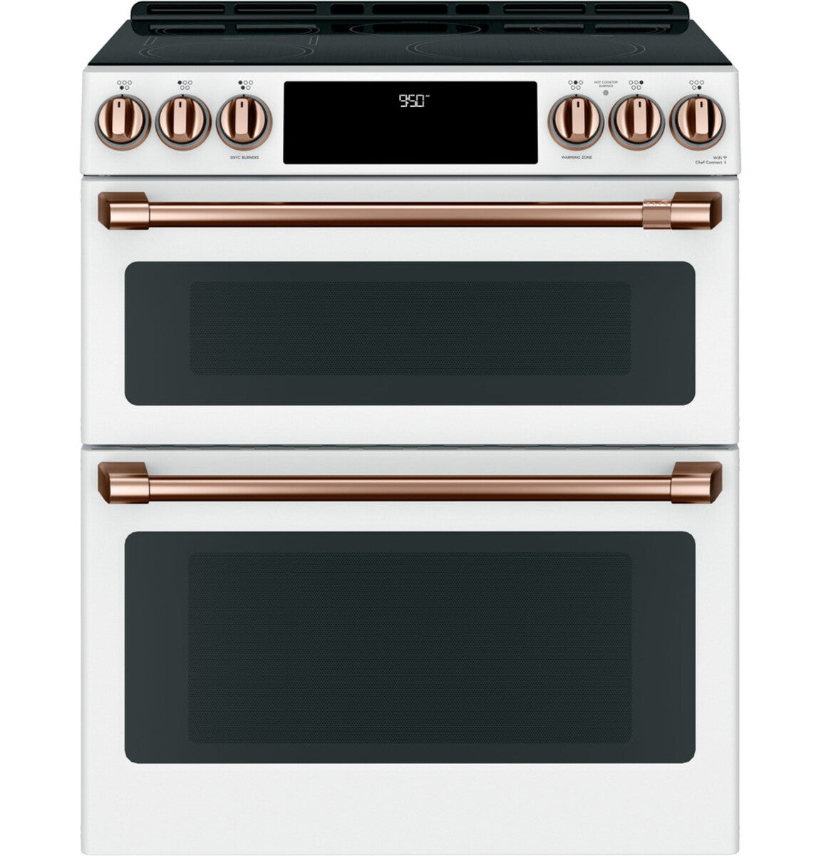30" Induction Range with Double Oven and No-Preheat Air Fry in Matte White with Brushed Copper hardware