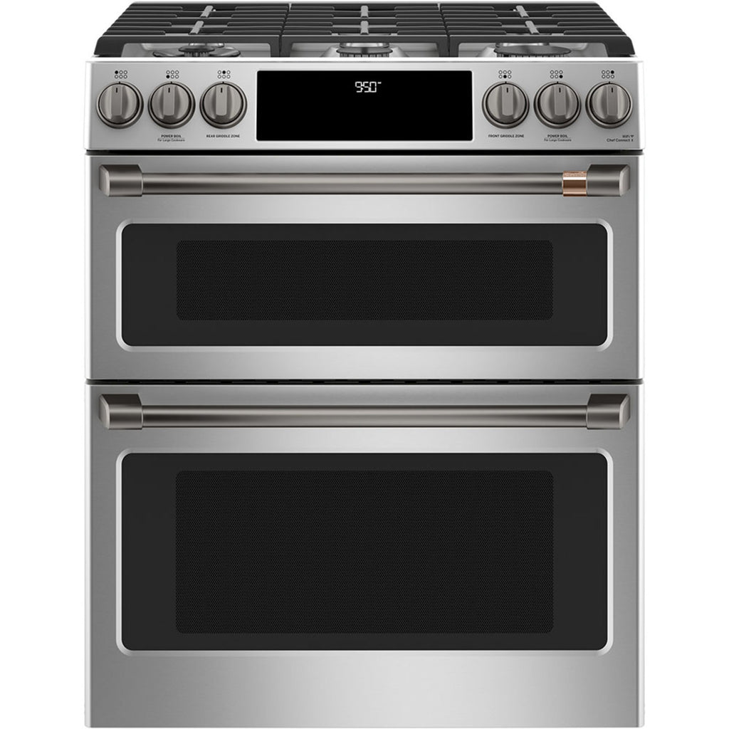 30" Dual-Fuel Range with Double Oven and No-Preheat Air Fry in Stainless Steel with Brushed Black hardware