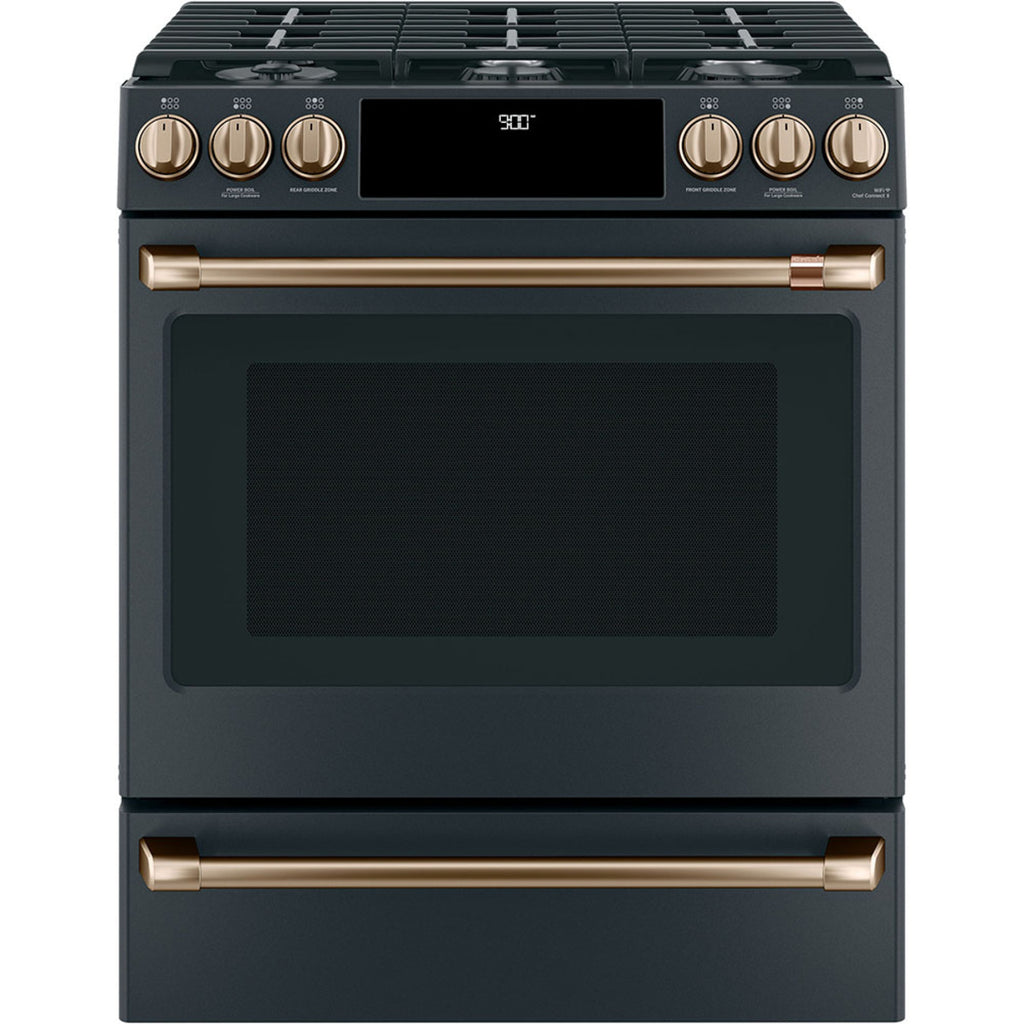 30" Slide-In Dual-Fuel Range with No-Preheat Air Fry in Matte Black with Brushed Bronze hardware