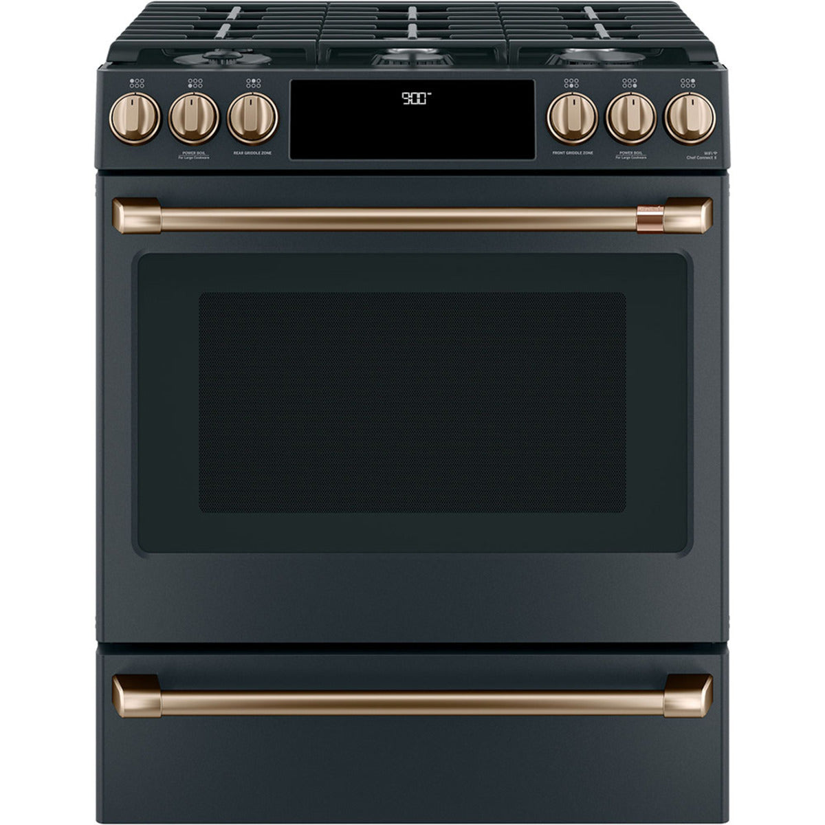 30" Slide-In Dual-Fuel Range with No-Preheat Air Fry in Matte Black with Brushed Bronze hardware
