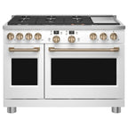 48" Smart Dual-Fuel Commercial-Style Range with No-Preheat Air Fry in Matte White with Brushed Bronze hardware