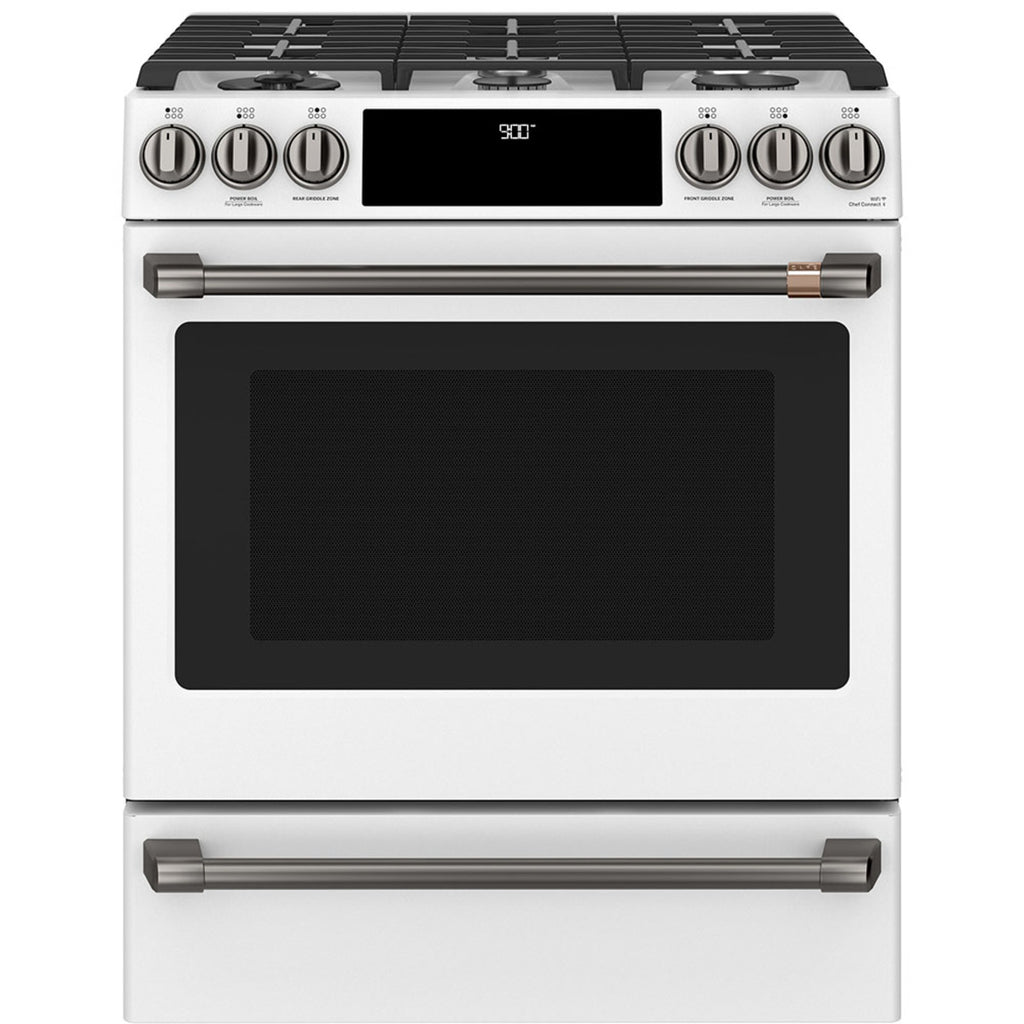30" Slide-In Dual-Fuel Range with No-Preheat Air Fry in Matte White with Brushed Black hardware