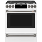 30" Slide-In Dual-Fuel Range with No-Preheat Air Fry in Matte White with Brushed Black hardware