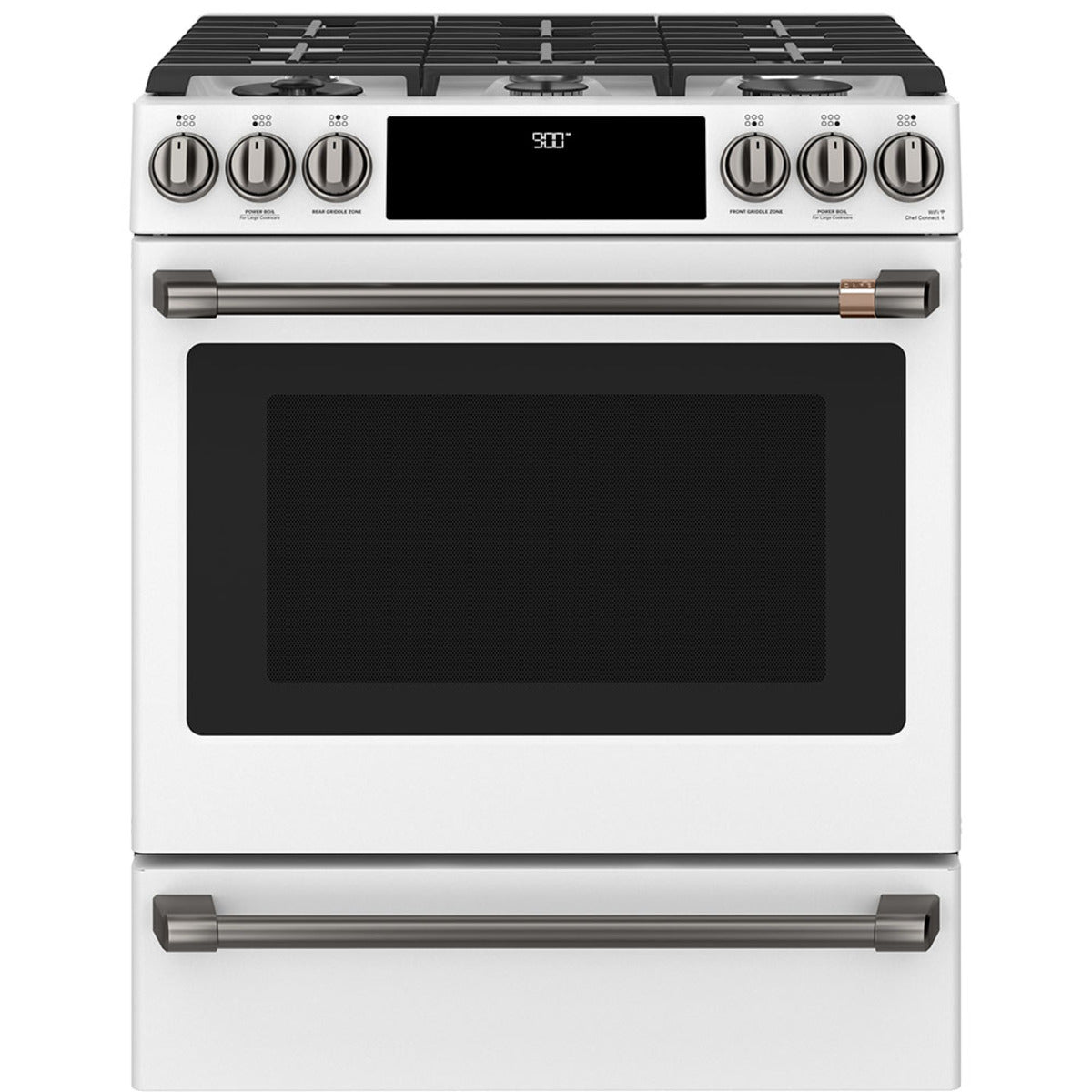30" Slide-In Dual-Fuel Range with No-Preheat Air Fry in Matte White with Brushed Black hardware