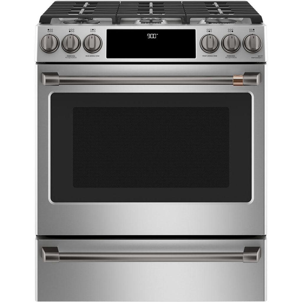 30" Slide-In Dual-Fuel Range with No-Preheat Air Fry in Stainless Steel with Brushed Black hardware