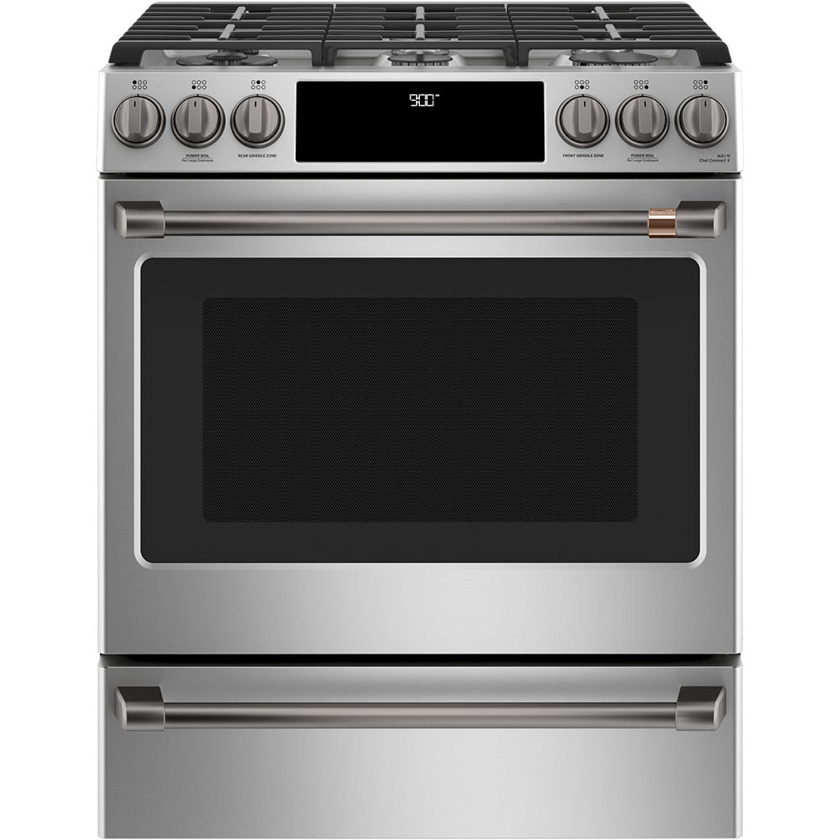 30" Slide-In Dual-Fuel Range with No-Preheat Air Fry in Stainless Steel with Brushed Black hardware