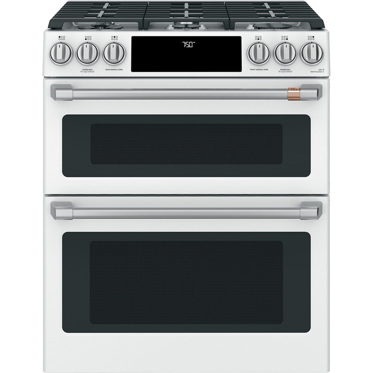 30" Double Oven Gas Range with No-Preheat Air Fry in Matte White with Brushed Stainless hardware