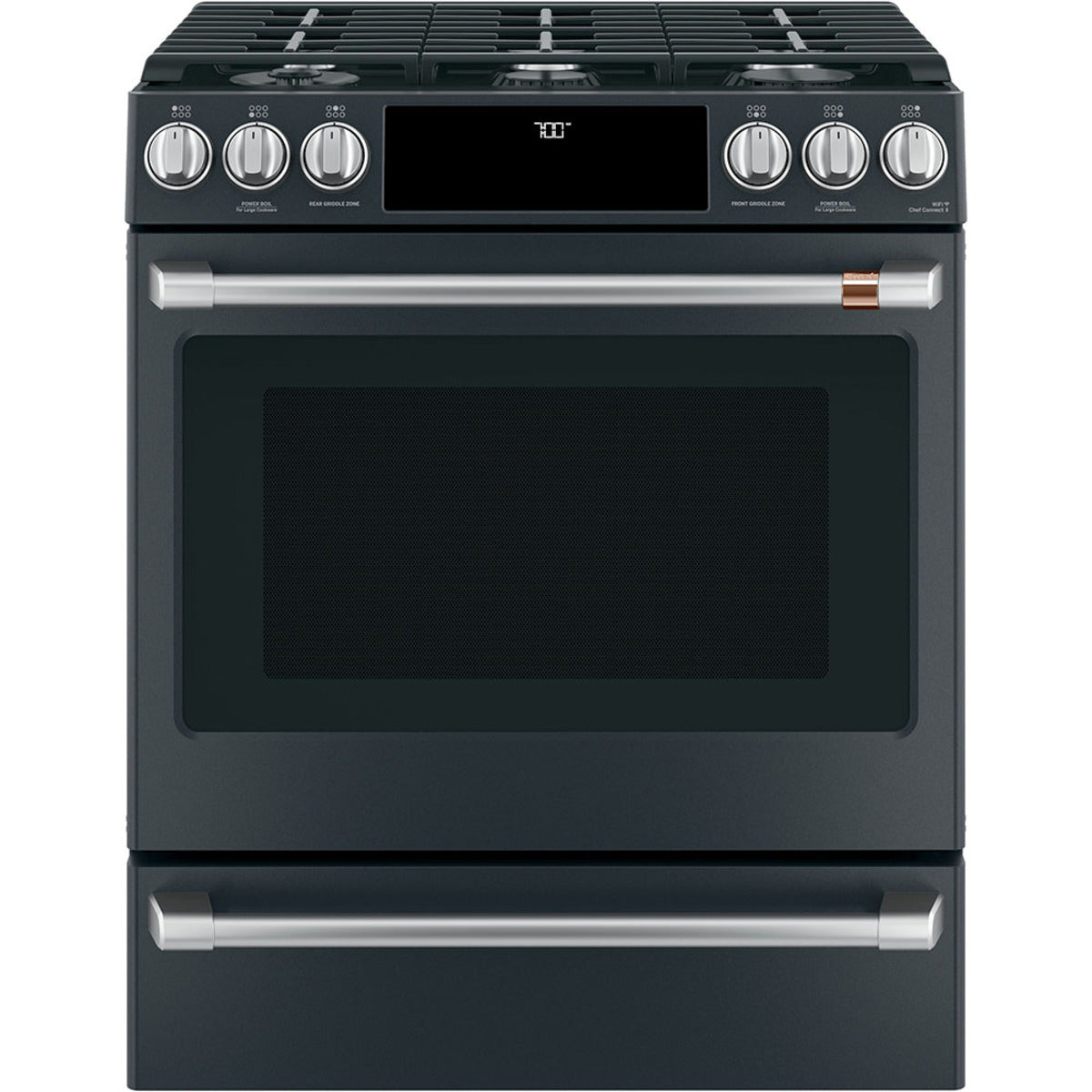 30" Slide-In Gas Range with Convection and No-Preheat Air Fry in Matte Black with Brushed Stainless hardware