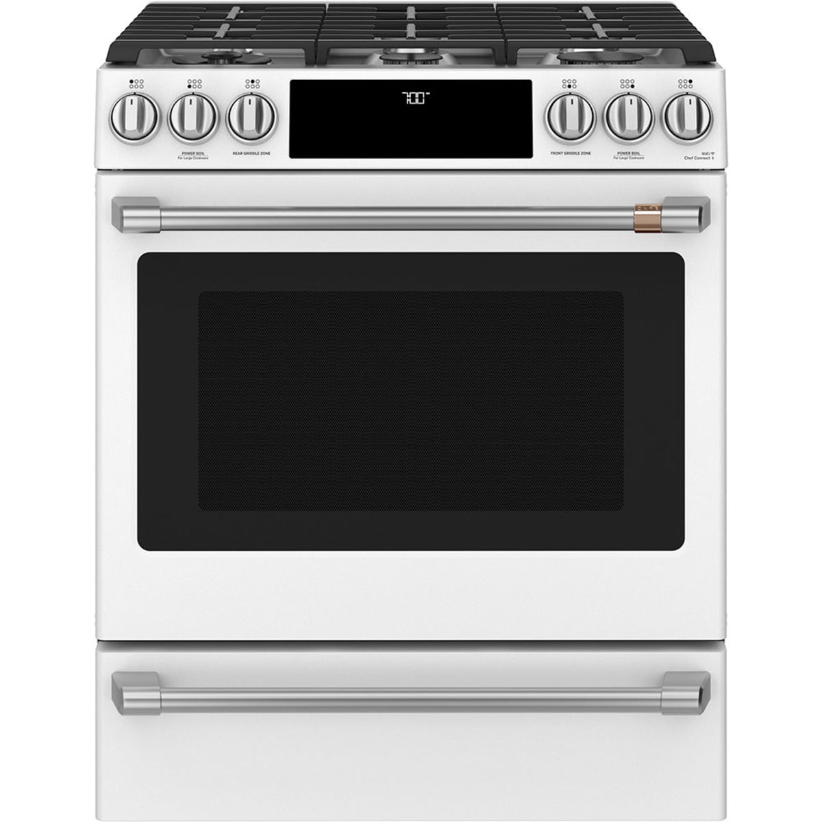 30" Slide-In Gas Range with Convection and No-Preheat Air Fry in Matte White with Brushed Stainless hardware