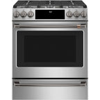 30" Slide-In Gas Range with Convection and No-Preheat Air Fry in Stainless Steel with Brushed Black hardware