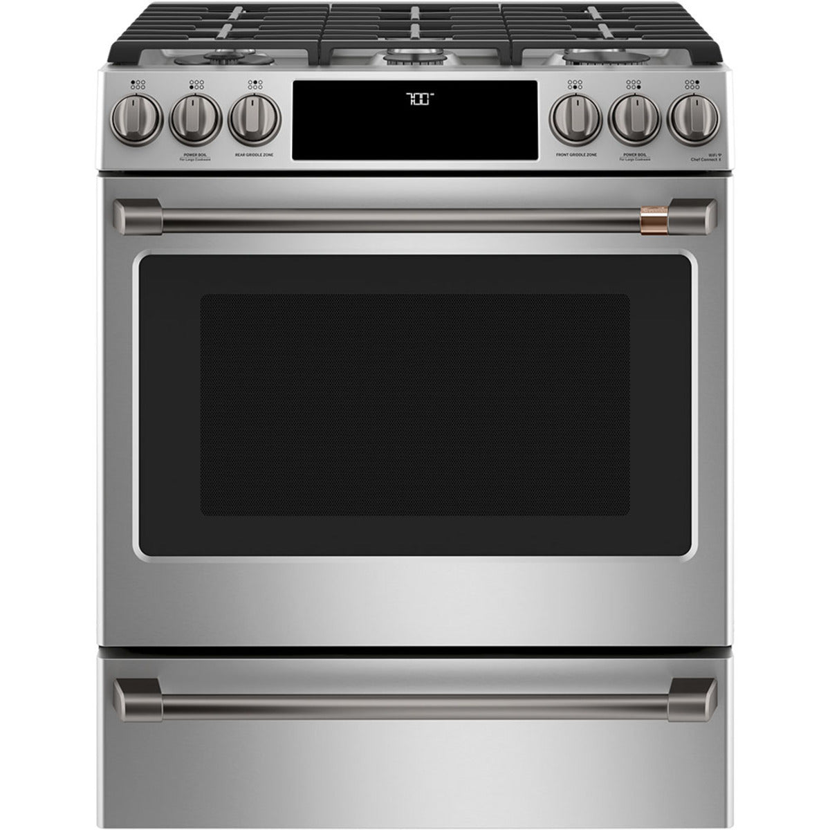 30" Slide-In Gas Range with Convection and No-Preheat Air Fry in Stainless Steel with Brushed Black hardware