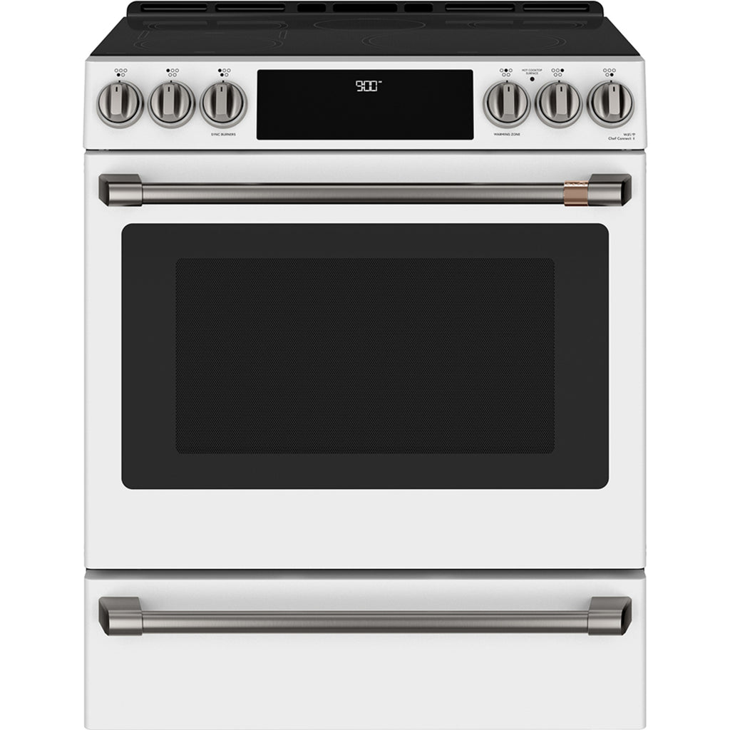 30" Induction Range with Warming Drawer and No-Preheat Air Fry in Matte White with Brushed Black hardware