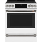 30" Induction Range with Warming Drawer and No-Preheat Air Fry in Matte White with Brushed Black hardware
